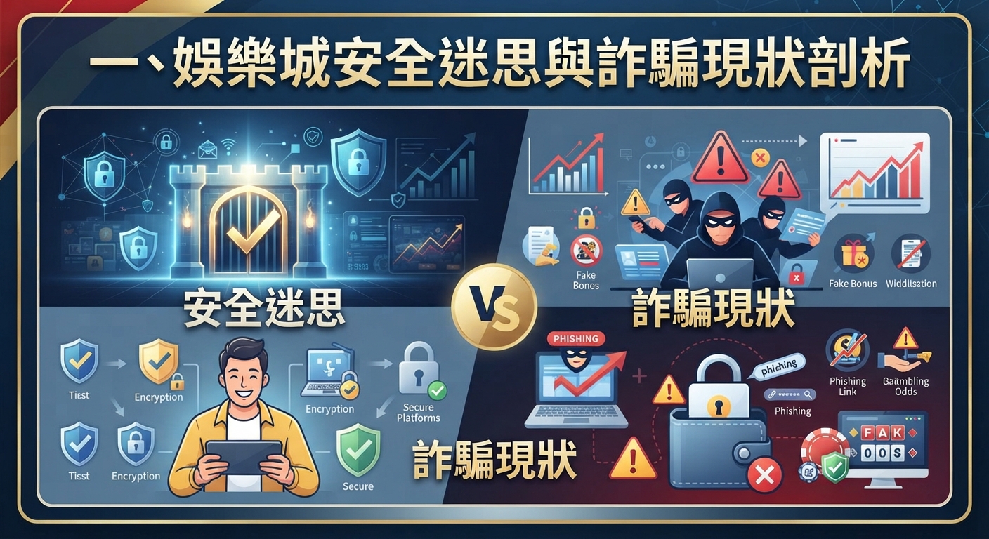 圖片左側展示「安全迷思」與防護機制，右側則以「詐騙現狀」與警示符號呈現風險對比。 畫面正上方清晰標示著主標題：「一、娛樂城安全迷思與詐騙現狀剖析」。